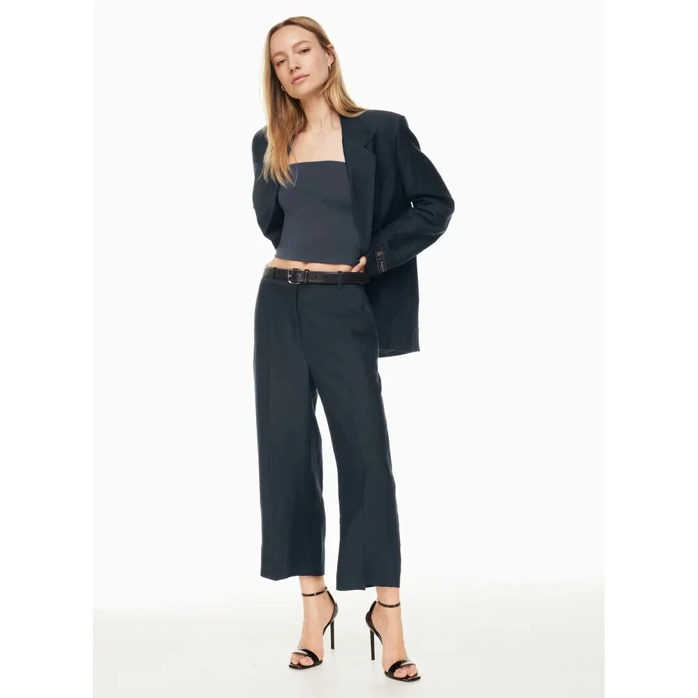 Babaton Agency Linen Cropped High Rise Straight Leg Pant Womens 2 Navy Blue $148